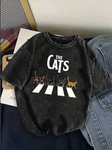 Cotton T-Shirt Weighing 230g, Featuring A Cat Crossing The Street, Rock Style, Fun Print, International Best Seller, Simple Women's T-Shirt With Small Logo Print, Soft Cotton, Versatile For Everyday Wear, Washed T-Shirt For Couples, Urban Style, Slimming Effect, Versatile, Streetwear, For Going To Work, No Duplicates. - 黑色 - 查看 7