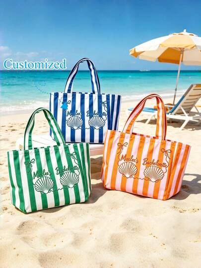Túi tote đi biển cỡ lớn bằng vải canvas kẻ sọc, thêu tên và vỏ sò 3D cá nhân hóa, túi xách chủ đề cô dâu, phù hợp cho nữ, túi đeo vai mùa hè, túi mua sắm và đi biển tái sử dụng.