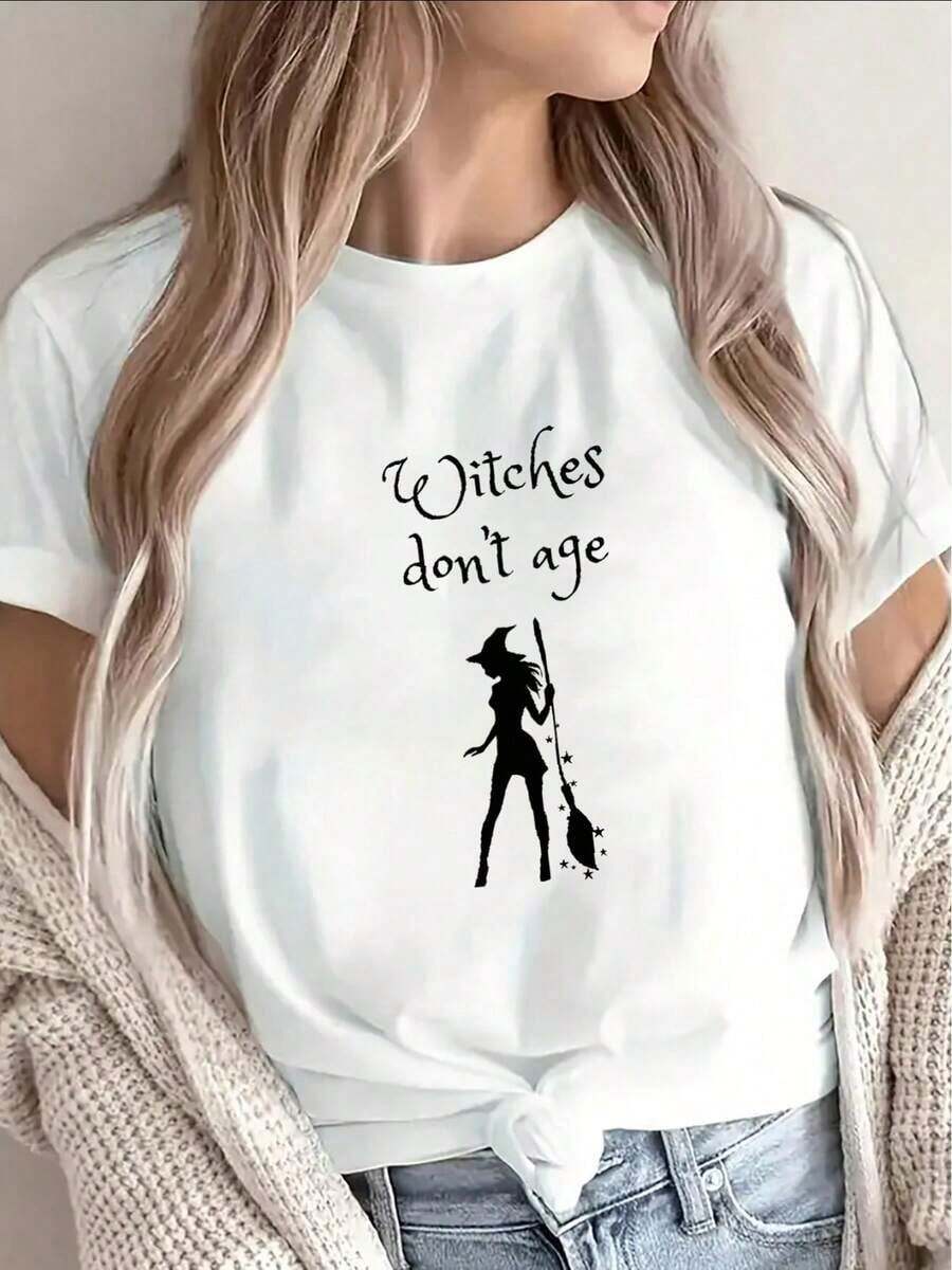 Women's Cotton T-Shirts. Pure Cotton Short-Sleeved T-Shirt With A "Witch Forever" Design, Lightweight And Durable, Suitable For Everyday Casual Wear, Halloween Parties, Or Everyday Outfits. Made With Fabric Printing Technology. Women's Basic Blouses - 白色 - 查看 1