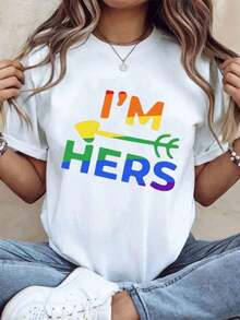 Women's Cotton T-Shirts I M Hers Rainbow Pride T-Shirt For LGBTQ Plus Couple Matching Outfit Pride Month Festival Party Wear, Basic Women's Blouses - 白色 - 查看 7
