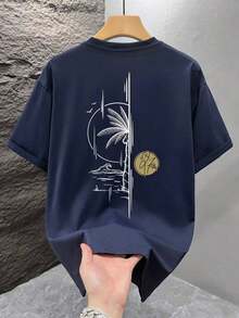 1 Piece Men's Graphic Print T-Shirt, Summer Beachwear, Loose Fit Short Sleeve T-Shirt. This Men's T-Shirt Has A Casual, Vacation-Style Design, Perfect For Beach Getaways As Well As Everyday Wear. - 藏蓝色 - 查看 3