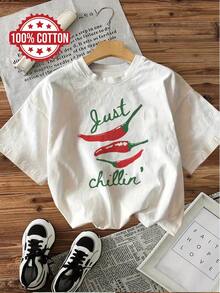 Casual Short-Sleeved T-Shirt With Round Neck And "Just Chillin" Chili Print, 100% Cotton, Ideal For Summer And Spring, Women's Clothing - 白色 - 查看 1