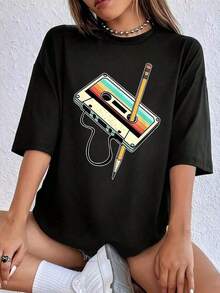 Camiseta suave de talla grande para mujer, divertida, con estampado gráfico, de manga corta, camiseta novedosa, informal, de cuello redondo, camisetas de mujer, camiseta gráfica, camisetas gráficas para mujer, camiseta de verano, camiseta informal, camisetas de verano, tops, conjuntos de verano para mujer, camiseta cómoda de cuello redondo y manga corta, blusas elegantes para dama. - Negro - Ver 6