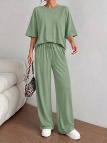 PRETTYGARDEN Women's Summer Clothes 2 Piece Sets Lounge For Short Sleeve Matching Airport Travel Outfits Casual Gray Green Vacation Summer Brunch Green Outfits For Women Mothers Day Outfit - 灰綠色 - 查看 3