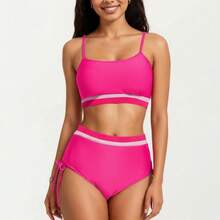 Women's Two Piece Bikini Set With Scoop Neck Top High Waist Bottom And Contrast Trim - Large, Fuchsia - Rose Red - View 1