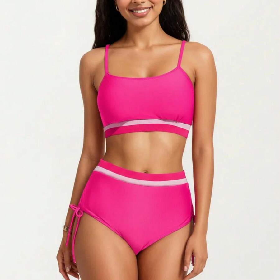 Women's Two Piece Bikini Set With Scoop Neck Top High Waist Bottom And Contrast Trim - Large, Fuchsia - Rose Red - View 1