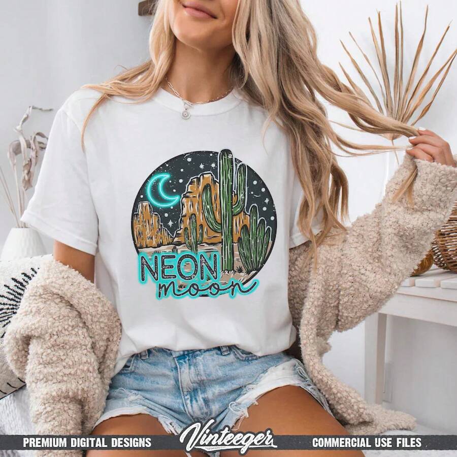 Neon Moon | Sublimation Design | Instant Download | Southern Sublimation PNG | Country Style Shirt Design | Retro Sublimation PNG | Desert PNG - 白色 - 查看 1