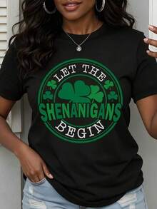 Mexican Women's Crew Neck T-Shirt With "Let The Shenanigans Begin" And St. Patrick's Day Shamrock Print, Short Sleeve, Casual Style For Parties And Celebrations. Summer Fashion Cotton T-Shirt - 黑色 - 查看 7