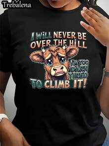 Women's Plus Size Soft T-Shirt With Funny Cow Slogan "I'll Never Climb Mountains" - Casual Summer Animal Print T-Shirt, Soft Knit Fabric, Regular Fit Design, Seasonal Fashion Retro Design, Comfortable Fit, Short Sleeve T-Shirt For Women, Elegant Blouses For Ladies. - 黑色 - 查看 1