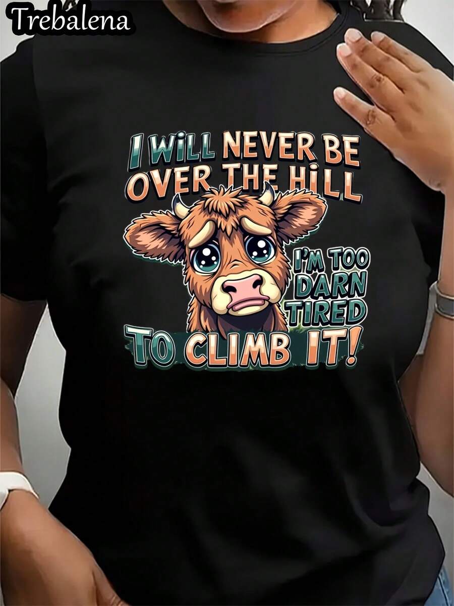 Women's Plus Size Soft T-Shirt With Funny Cow Slogan "I'll Never Climb Mountains" - Casual Summer Animal Print T-Shirt, Soft Knit Fabric, Regular Fit Design, Seasonal Fashion Retro Design, Comfortable Fit, Short Sleeve T-Shirt For Women, Elegant Blouses For Ladies. - 黑色 - 查看 1
