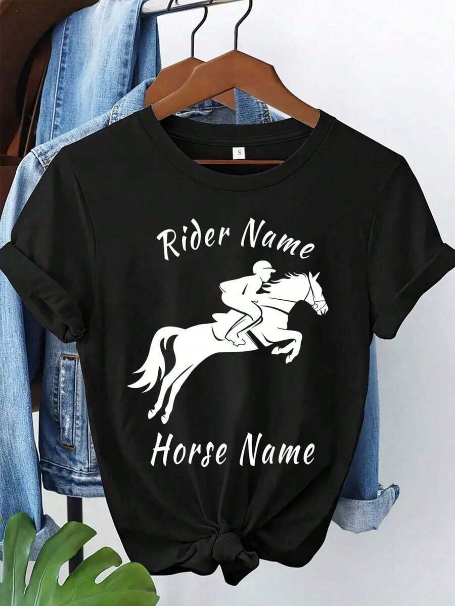 Women's Cotton Crew Neck Casual T-Shirt With Custom Text For Horse Enthusiasts, Personalized T-Shirts, Business Logo T-Shirts, Team Apparel, Halloween Gifts, And T-Shirts With Your Custom Text. 100% Cotton. Simple T-Shirt For Everyday Wear - 黑色 - 查看 1