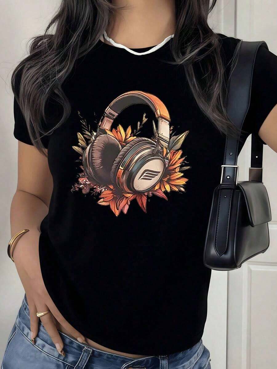 100% Cotton With Digital Print Of Headphones With Artistic Flowers. Women's T-Shirt With Round Neck, Floral Music Theme, 220 Grams, 1 Unit. 100% Cotton, Modern Style, Casual Design. Women's Simple Solid Color T-Shirt, Loose And Slim Fit Casual Short Sleeve - 黑色 - 查看 1