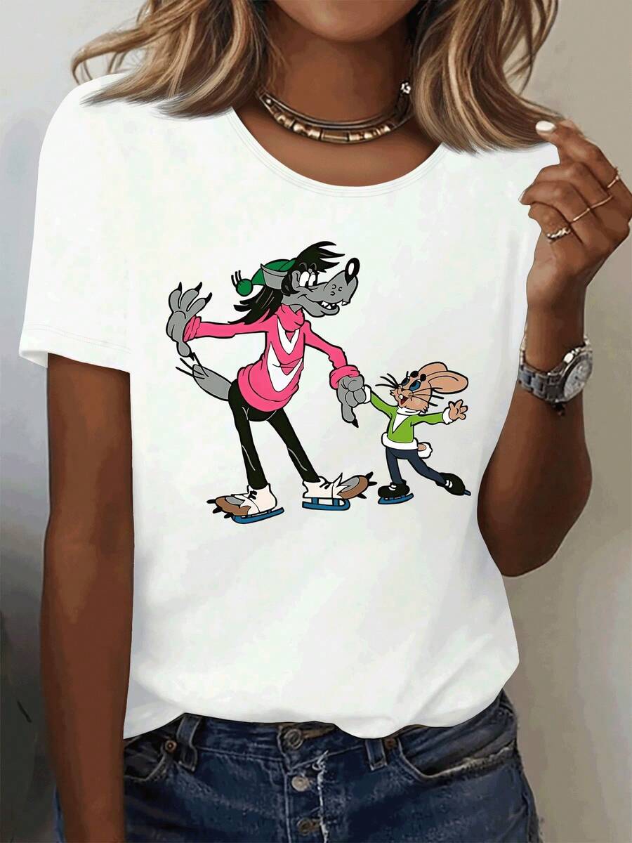 Wolf And Rabbit Ice Skating Graphic T-Shirt - Crew Neck, Breathable For Summer, Machine Washable, Ideal For Home, Gym And Outdoor Activities - 白色 - 查看 1