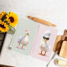 2pcs Funny Posh Duck Pattern Kitchen Towels, 40*60cm Soft Microfiber Material, Suitable For Home, Kitchen, Restaurant, Outdoor Camping, Tabletop Cleaning, Dish Drying, Gifts - Multicolor - View 6