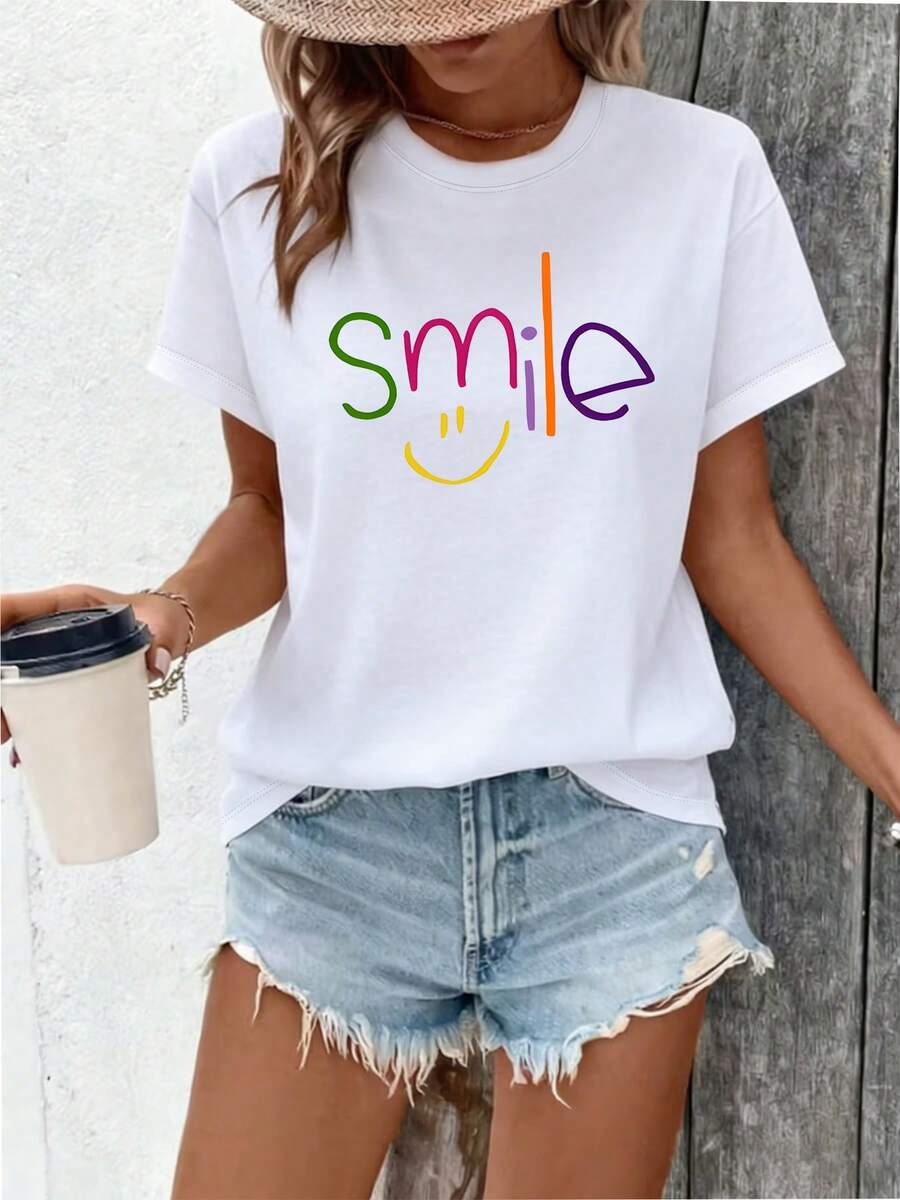 Elegant Casual Women's T-Shirt With Print And Round Neck, Suitable For Spring And Summer, Vintage T-Shirt For Everyday Wear, A Perfect Gift For Him, Shipped From A Local Warehouse In The USA, A Great Choice For The Holidays. - 黑色 - 查看 1