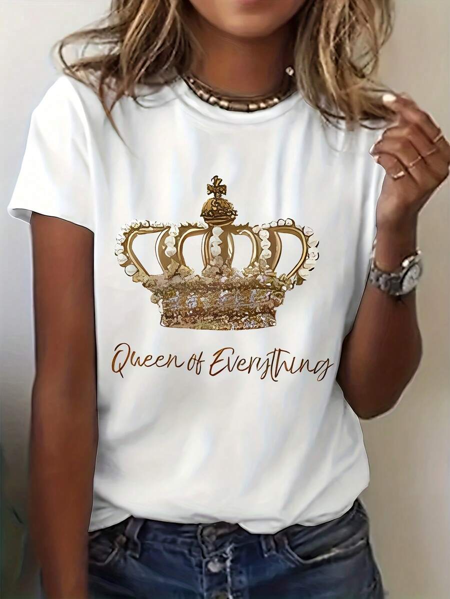 Women's T-Shirt With "Queen Of Everything" Letter Print And Gold, Casual Short-Sleeved Crew Neck T-Shirt, Easy To Wear For Spring And Summer, For Women - 白色 - 查看 1