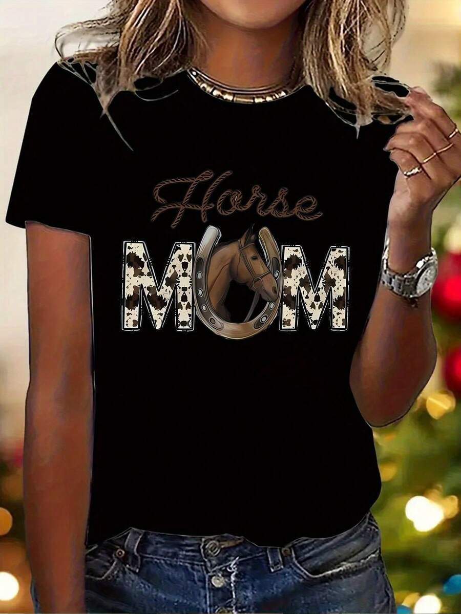 Women's Casual T-Shirt, Y2K Style, Elegant With "MOM" Print, Short Sleeves And Round Neck, All-Season Clothing | Casual Fashion | Letter Print - 黑色 - 查看 1