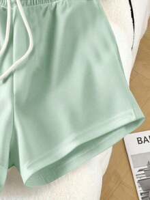 Conjunto casual diario de top de manga corta de cuello redondo de unicolor y shorts con cordón en la cintura para mujer - verde menta - Ver 3