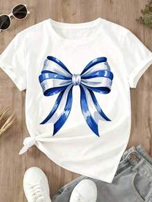 blusas para mujerCamisetas para parejas Camiseta negra de mujer con estampado de lazo azul y blanco, top casual de manga corta, camiseta gráfica de moda| Diseño exquisito| Suelto y cómodo| Fácil de combinar| - Negro - Ver 9