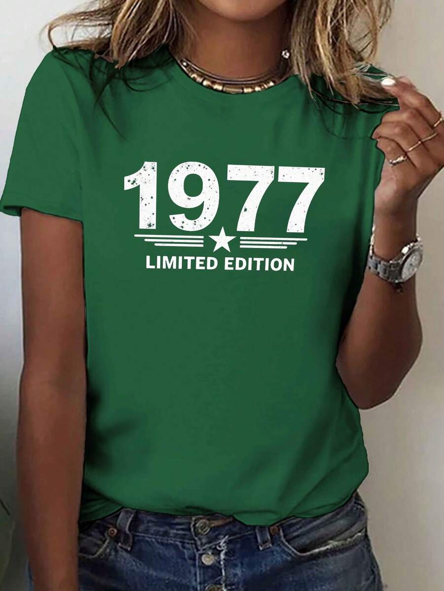 Short-Sleeved T-Shirt With Round Neck, Limited Edition 1977 Print, Perfect For Casual Wear In Spring And Summer, Exclusively For Women. - 綠色 - 查看 1