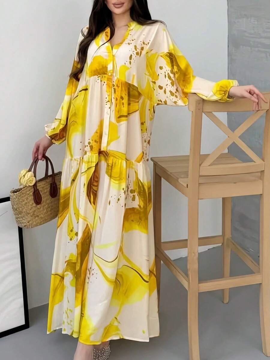 Women's Casual Maxi Dress, V-Neck With Abstract Print And Long Sleeves, Multiple Colors Available, Summer And Beach Dress - 黃色 - 查看 1