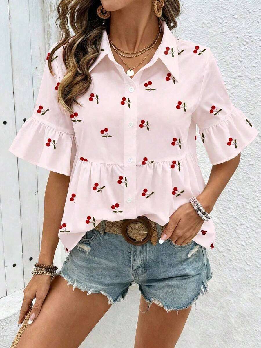 Nueva Camisa de Verano para Mujer con Cuello Blanco Fresco, Estampado de Flores de Cerezo, Mangas Plisadas y Acampanadas, Corte Holgado y Elegante, Blusa Casual Ideal para Viajes de Trabajo, Vacaciones y Ocio. - Rosa - Ver 1