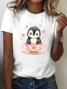 Y2K Women's T-Shirt With Penguin And Heart Print - Casual White Short Sleeve Crew Neck T-Shirt, Opaque Machine Washable Fabric, Suitable For All Seasons, Ideal For Everyday And Valentine's Day Outfits, Fashionable T-Shirt For Spring, Summer And Autumn - 白色 - 查看 1