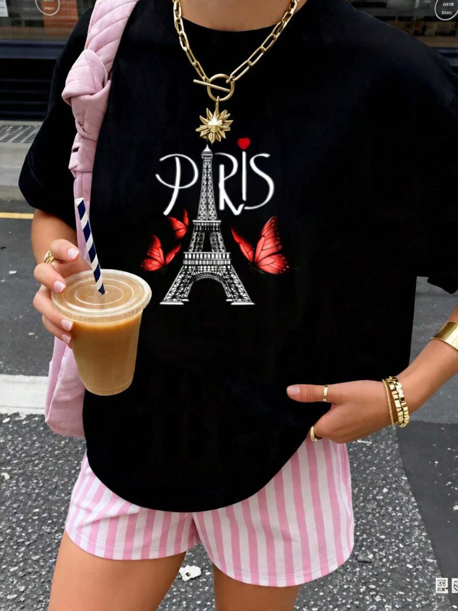 Women's T-Shirt With Sparkling Golden Cherry Design - Black - View 1