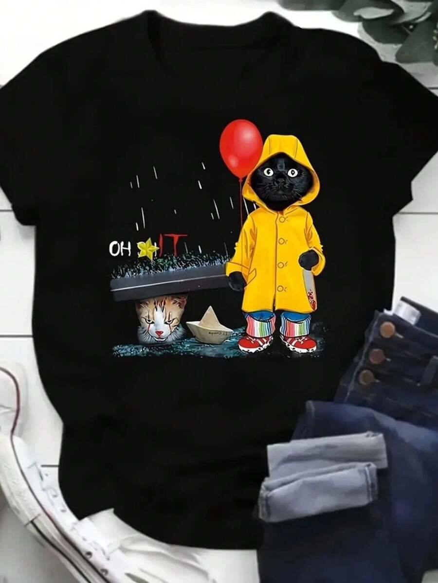 Women's Casual Short-Sleeved T-Shirt With A Fun Cat Print Depicting A Rainy Day On A Black Background. Made From High-Quality, Durable, Machine-Washable Fabric With A Classic Crew Neck Design. Very Comfortable For Everyday Wear. - 黑色 - 查看 1