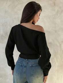 Blusa Asimétrica de Hombro de Manga Larga de 95% Algodón Tejido, Blusa Versátil Negra, Armario de Otoño; Simple, Elegante; Cómoda, Chic. - Negro - Ver 2