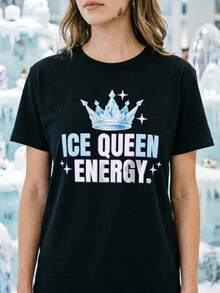 Women's Printed T-Shirt - Casual Short Sleeve Crew Neck T-Shirt In Black With ICE QUEEN ENERGY Design, Relaxed Fit For All Seasons, Perfect For Everyday Wear Or Holiday Outfits (Machine Washable). - 黑色 - 查看 1