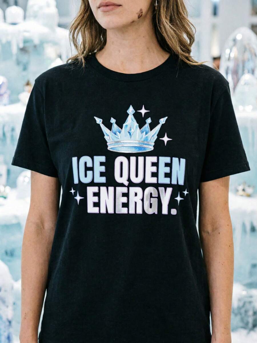 Women's Printed T-Shirt - Casual Short Sleeve Crew Neck T-Shirt In Black With ICE QUEEN ENERGY Design, Relaxed Fit For All Seasons, Perfect For Everyday Wear Or Holiday Outfits (Machine Washable). - 黑色 - 查看 1
