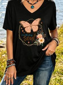 Camiseta Deportiva Casual para Mujer - Camiseta Negra de Cuello en V con Estampado de Mariposa Rosa y Flores. Ajuste Elástico y Cómodo, Lavable aáquina, para Todas las Estaciones, Perfecta para Tu Ropa Diaria y Actividades al Aire Libre. - Negro - Ver 1
