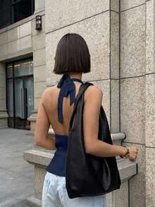 Nueva Elegante Camiseta de Tirantes Ajustada con Escote en V y Espalda Descubierta, Diseño Minimalista, Ropa para Ir al Trabajo, Sensación de Alta Gama, Primavera/Verano - Azul marino - Ver 2