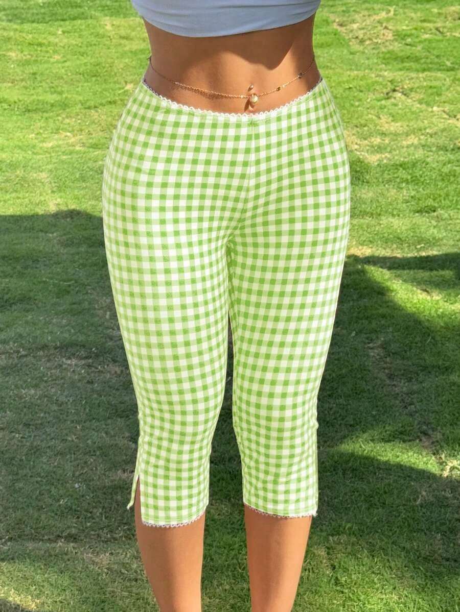 Leggings Elásticos de Punto a Cuadros Rojos para Mujer - verde menta - Ver 1