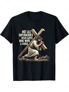 Religious Jesus T-Shirt For Easter, Suitable For Christmas, Valentine's Day, Veterans Day, Graduation Gifts, Unisex, With Slogan Print, Loose Fit, Round Neck, Festive Clothing For Religious Events And Family Gatherings. - 黑色 - 查看 1