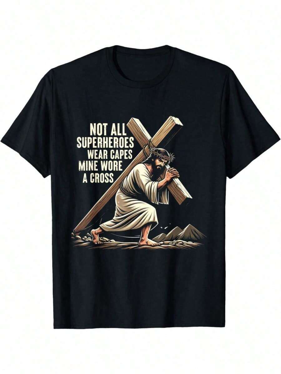 Religious Jesus T-Shirt For Easter, Suitable For Christmas, Valentine's Day, Veterans Day, Graduation Gifts, Unisex, With Slogan Print, Loose Fit, Round Neck, Festive Clothing For Religious Events And Family Gatherings. - 黑色 - 查看 1