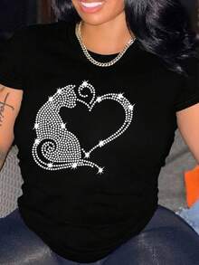 1 Pieza Camiseta Unisex Holgada 180g 100% Algodón Puro, Camiseta Y2K con brillante diseño de corazón en strass para mujeres fashionistas, perfecta para destacar en cualquier ocasión. Combina estilo y comodidad en una sola prenda. Ideal para complementar tu look atrevido y moderno. ¡Adquiere la tuya y marca ! Cómoda y versátil para escuela, trabajo, salidas y eventos casuales - Negro - Ver 6