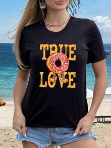 Women's T-Shirt - "True Love" Print T-Shirt - Casual Short Sleeve Crew Neck Top, Donut Design, Black Spring/Summer T-Shirt, Machine Washable, Casual Spring Top. | Fun Graphics | Durable Print, Women's T-Shirts, Women's Tops - 黑色 - 查看 7