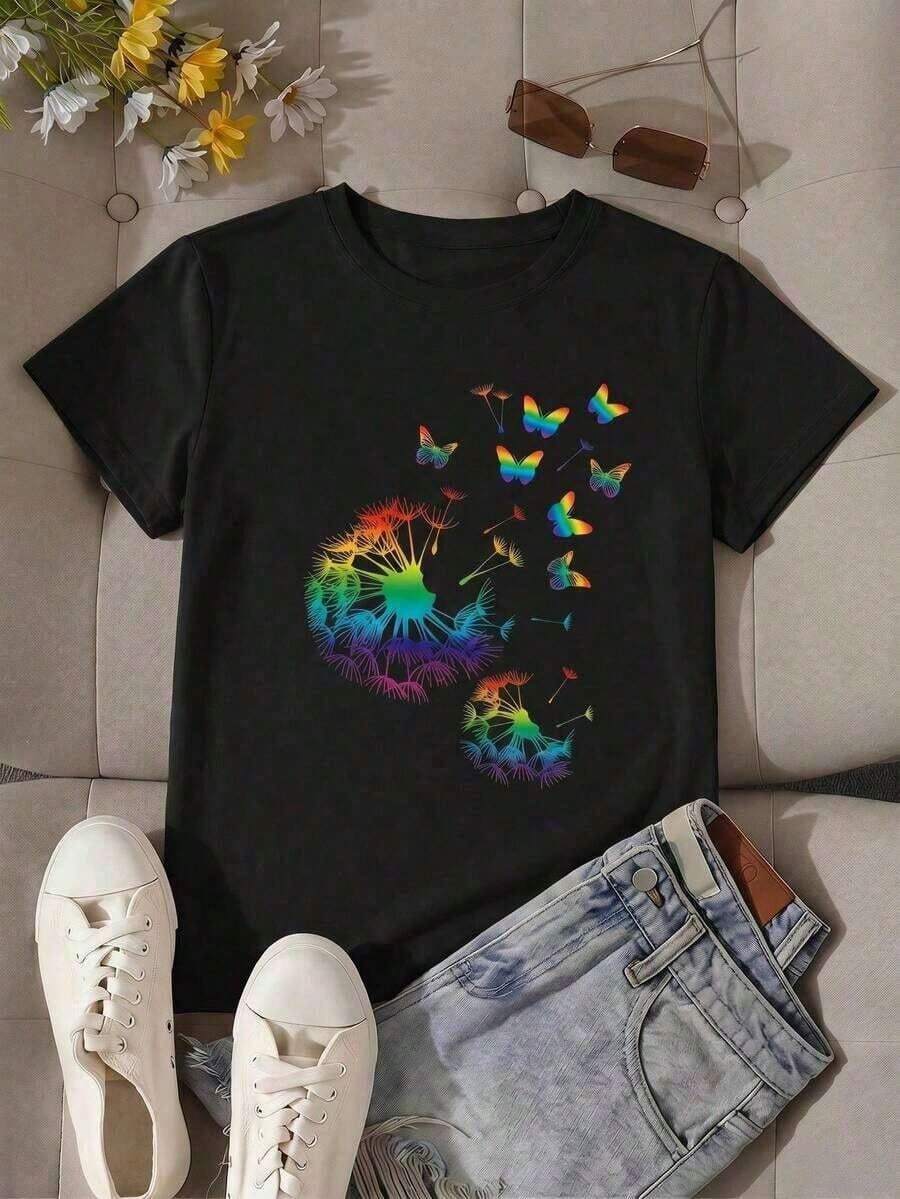 Women's Casual Olive Green Round Neck Short Sleeve T-Shirt With Dandelion And Butterfly Print, Regular Fit. Suitable As A Gift. Women's T-Shirt. Elegant Blouses. Boho Chic. Soft, Breathable, And Comfortable Women's Top, Ideal For Spring, Summer, And Autumn, Perfect For Vacations, Travel, And Everyday Wear. - 黑色 - 查看 1