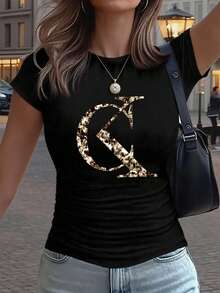 Slim Fit, Gold Snake Print And Lettering, Modern And Unique Design - 2 Styles - Women's Casual Sportswear, Solid Color Details With Pleats At The Waist, Short Sleeve T-Shirt With Round Neck, Suitable For All Four Seasons. - 黑色 - 查看 11