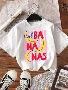 "That's Bananas" Printed Casual T-Shirt, Fresh And Sweet Style, Women's Summer Clothes, Women's Vacation Outfits, Women's Beach Outfits, Round Neck, 100% Cotton, Soft Fabric, Short Sleeve - 白色 - 查看 2