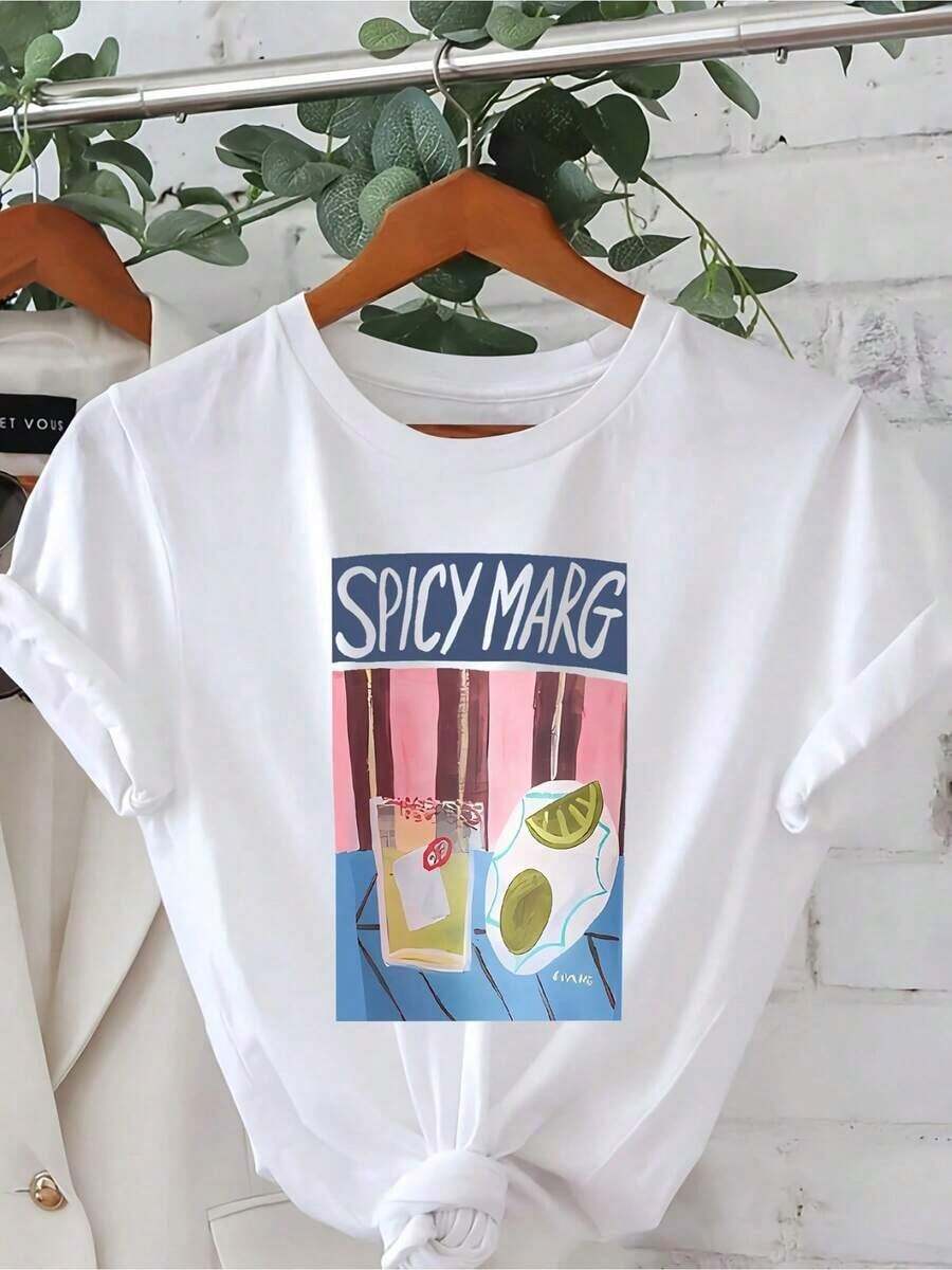 Casual Short-Sleeved T-Shirt With A Round Neck And Fruit Print, Perfect For Spring And Summer, Designed For Women. Suitable As A Gift. Women's T-Shirt. Blouses > Elegant. Boho Chic. Soft, Breathable, And Comfortable Women's Top, Ideal For Spring, Summer, And Autumn, Perfect For Vacations, Travel, And Everyday Wear. - 白色 1 - 查看 1