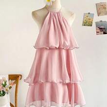 Vestido mini de verano con cuello halter, espalda descubierta y volante en el bajo, de color liso y sencillo para mujer - Rosa - Ver 6