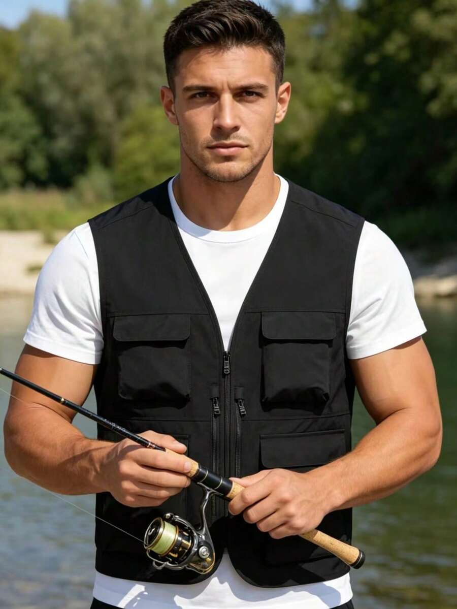 Men's Casual, Fishing, Travel, Outdoor Multi-Pocket Vest Jacket, Suitable For Spring, Summer, Autumn And Winter. Versatile Outdoor Multi-Pocket Vest, Black, Large Capacity, Front And Back Zipper Pockets, Suitable For Outdoor Enthusiasts, Photographers, Camping