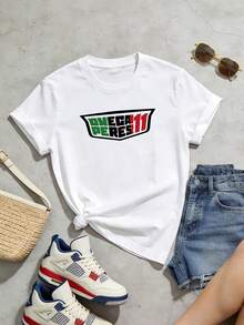 Camiseta de manga corta con cuello redondo suave y casual para mujer, el estampado gráfico Checo Perez 11 es perfecto para usar en primavera y verano. Negro. - Blanco - Ver 5