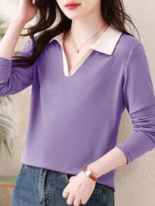 Camiseta de manga larga con cuello de polo para mujer, prenda exterior de moda, jersey informal de primavera, 2025 Nuevo otoño - Lila Púrpura - Ver 2