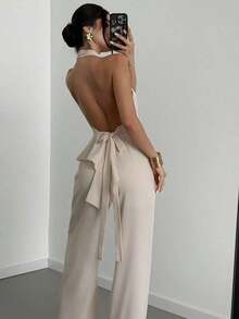 de dos piezas de top sin mangas con cuello en V asimétrico elegante y romántico, y pantalones rectos holgados de color caqui, adecuado para verano, playa, vacaciones - Caqui - Ver 5