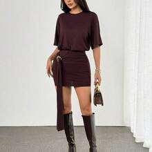 PETITE Vestido camiseta con detalle de anillo de drapeado, falda ajustada, hombros cuadrados, corte holgado, estilo urbano, lindo, elegante, casual, sexy, para salir, otoño, Navidad, Acción de Gracias, elegante - Marrón - Ver 9