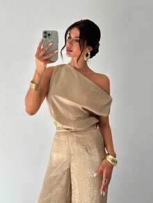 Conjunto de blusa suelta asimétrica sin hombros con baño de oro sin mangas y pantalones de pierna ancha con cintura elástica, adecuado para citas, fiestas, viajes diarios, festivales de música, ceremonias de graduación, atuendos de maestros y ocasiones formales - Dorado - Ver 3